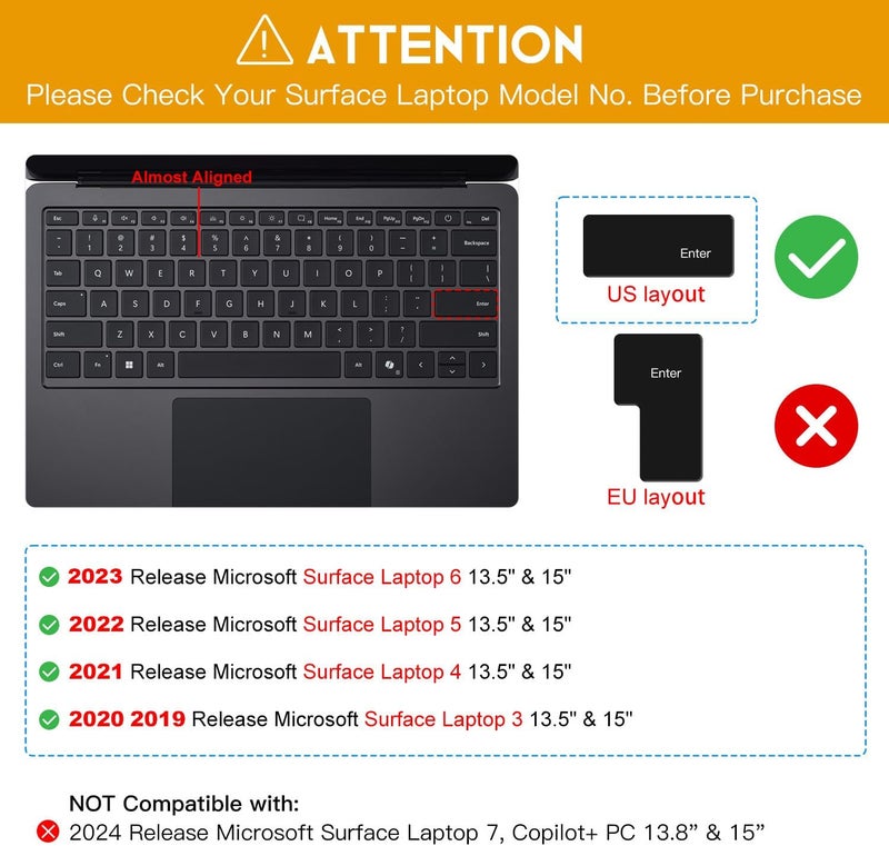 CaseBuy Clear Ultra Thin Keyboard Cover for 2023-2019 Microsoft Surface Laptop 6, 5, 4, 3, 13" & 15" Touchscreen Keyboard Protector Skin (Not Fit 2024-2025 Surface Laptop 7 13.8 & 15") - Image 2